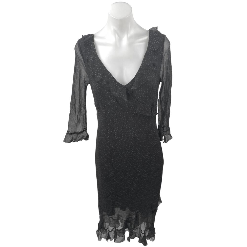 Jonathan Martin 100% Silk Black Polka Dot Ruffle V-neck Midi Bodycon Dress Sz 10